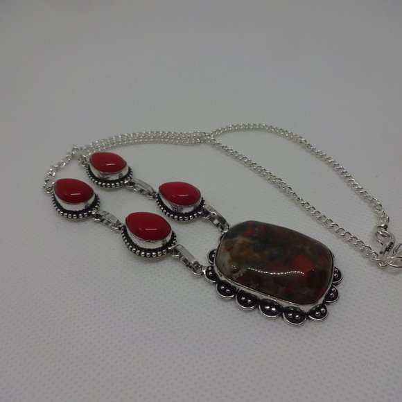 Gorgeous "POPPY JASPER & CORAL" Handmade Sterling Necklace 20" #349 - Picture 3 of 3